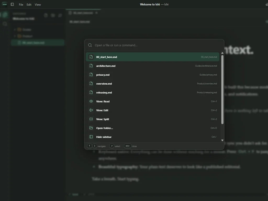A pre-release Ichi project tree with quick open over the active document.