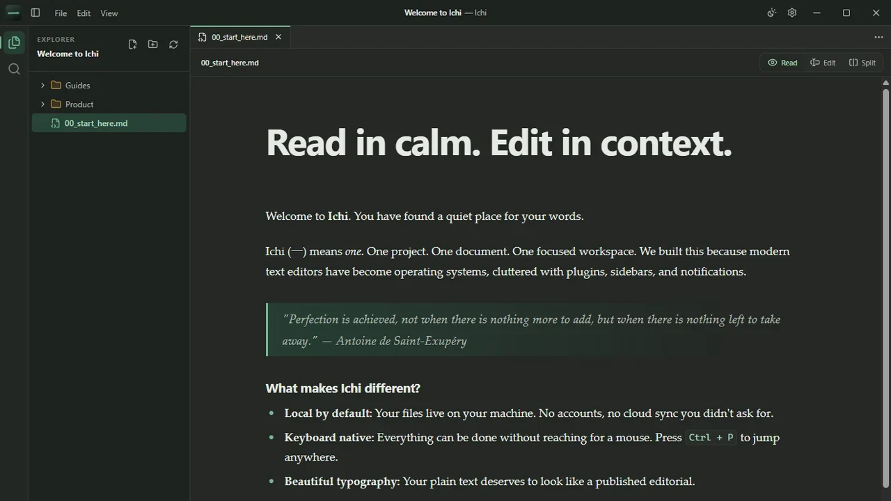 A pre-release Ichi build rendering a long Markdown document in Read view.